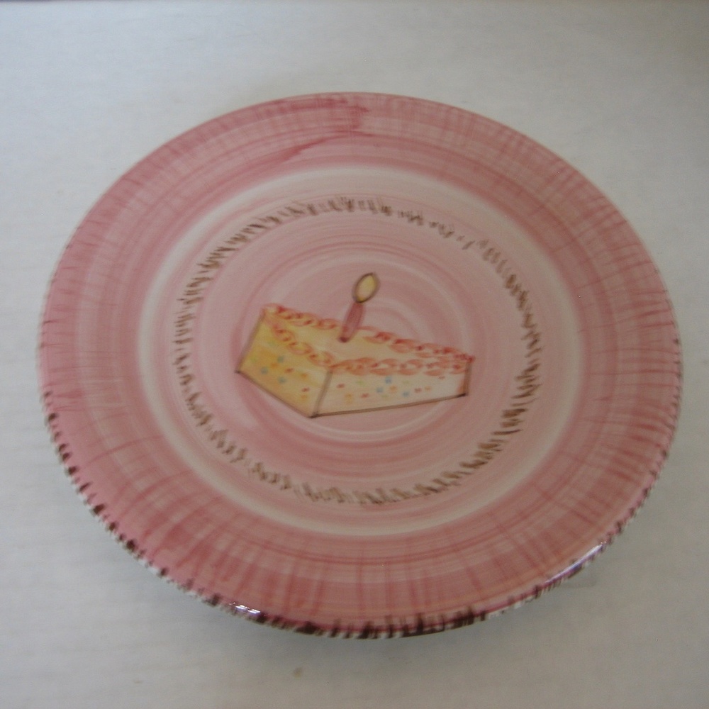 Ruby Pink Ceramic Piece of Birthday Cake with Candle Dessert Plate 8in.R NWNT